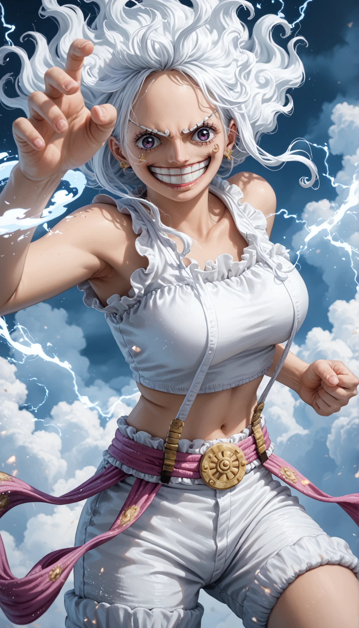 Jewelry Bonney from One Piece, transformed into a Gear Fifth-inspired form: voluminous, cloud-like white hair floating upwards with magical energy, a playful, divine expression, and a wide smile. She wears a tight white crop top and white shorts, with a purple sash tied around her waist. Her skin glows with a divine light, and gentle wisps of energy swirl around her limbs, mimicking cartoon physics. She holds out one hand in an exaggerated, dynamic pose, while her body floats lightly in the air, full of power and joy. The scene is sparkling with shimmering fog and sparkles in the background. Hyper-realistic photo-realistic rendering, detailed skin texture, realistic lighting, and natural anatomy. long hair, white hair