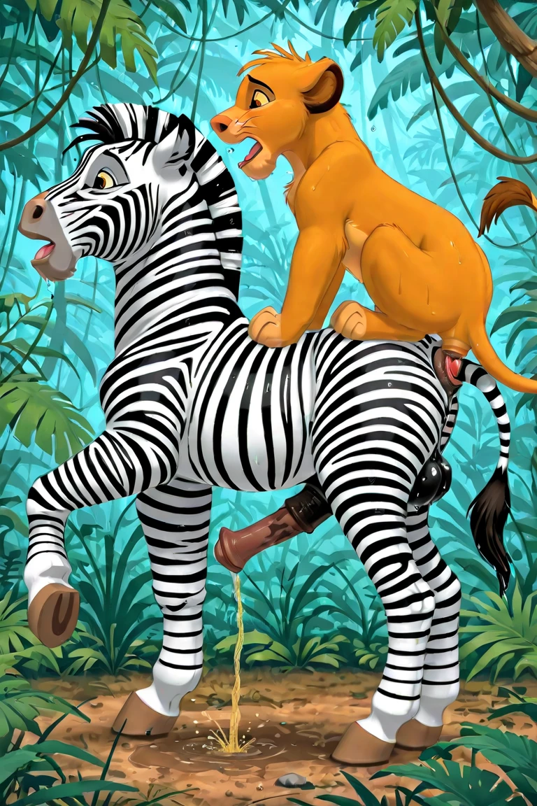 Duo, two species, a zebra and a lion, score_9,score_8_up,score_7_up, source_cartoon, source_furry, ((an Anthro furry lion female, tall and curvy, naked)), she is getting fucked by a ((large male Anthro zebra)), doggystyle, side view, outdoors, in a savannah