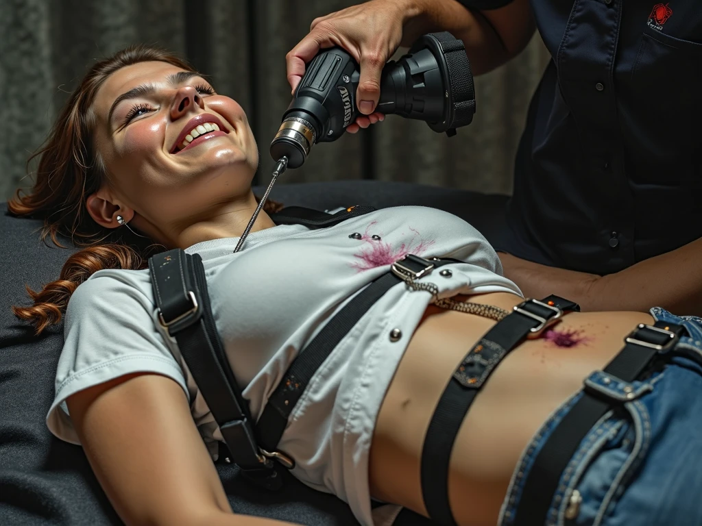 RAW Photos, Full-length portrait of a character, One Girl, wonderful, Adult, (Tickling, tickle, tickles, tickled torso by mechanical hands, Grab the torso:1.25), laying on a table, (Tied to a table, bound:1.3), ponytail, Wearing shorts, Crop top, In a hospital laboratory, Soft Light, Facial reconstruction, Emotions of a smile