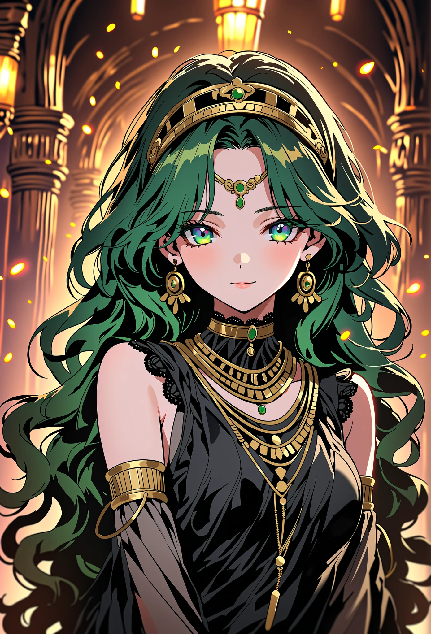 score_9, score_8_up, (masterpiece, top quality, best quality, official art, beautiful and aesthetic:1.2), (8k, best quality, masterpiece:1.2), (((masterpiece))), (((best quality))), (((extremely detailed))), illustration, (masterpiece, top quality, best quality, official art, beautiful and aesthetic:1.2), (8k, best quality, masterpiece:1.2), see-through, source_anime, 1girl, adult, ((green hair)), green hair, ((intimidant look)), ((close-up)), green eyes, black clothes, sexy, dark colors, brillant eyes, ((wavy hair)), perfect hands, ((intimidant look)), good anatomy, ((dark babylon clothes)), emotionless, intimidant, ((beautiful eyes)), close up, ((detailed eyes)), beautiful eyes, ((detailed face)), frontal look, smile, detailed face, diadema, full body