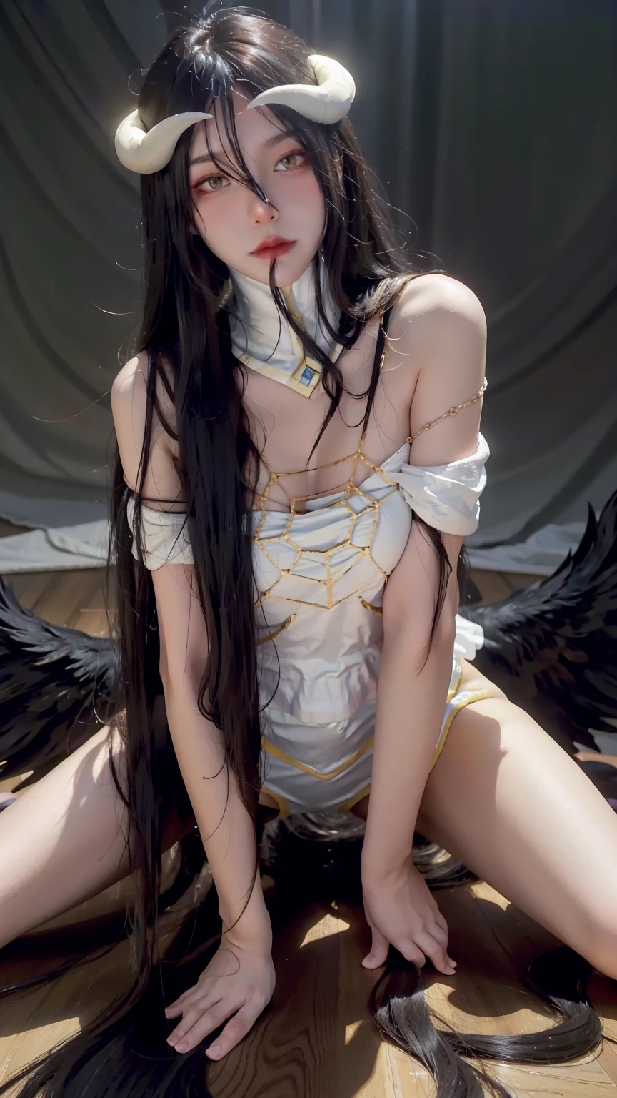 nsfw, Highest quality、Masterpiece、Succubus pretending to be an angel、Looks about 15 years old、Clean face、She seduces you with her open legs and a refreshing smile、Silky long hair、Unusually huge naked breasts、White fur trim、Short but sexy body、Her body is shining with oil、Open and wet genitals、Thighs、Obscene lines、Little Angel Wings、Devil&#39;s Tail