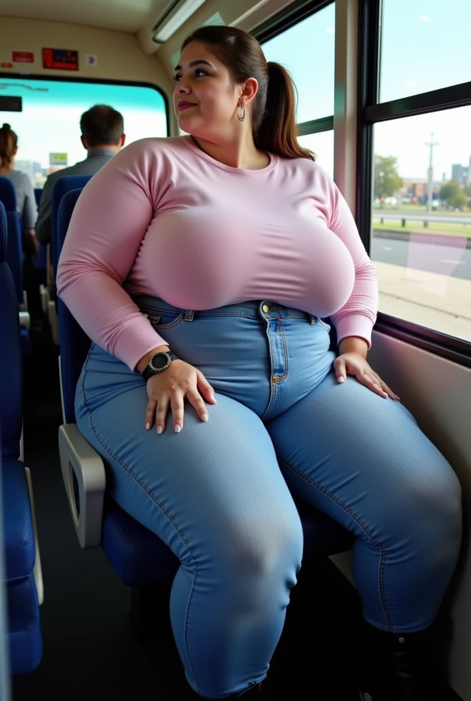 A plane passenger detailed photo of a Beautiful ginger SSBBW, with long wavy ginger hair, with big soft fat belly, thicc fat arms, thicc wide legs, big breast, in a cute green top tucked in her pants, and black pants, in an airport waiting for the plane, with only one big shoulder bag on her shoulder