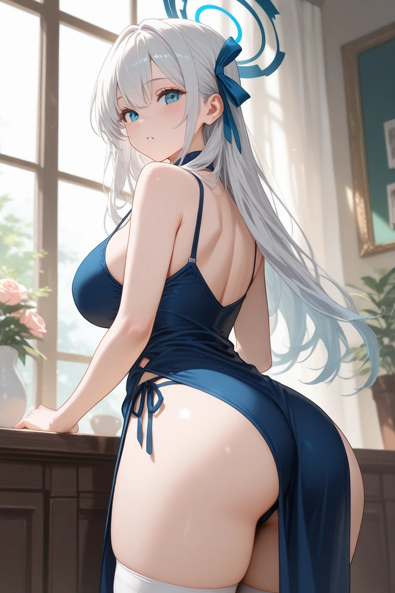 A Beautiful Girl, Front, whitehair, Blue Eyes, long-haired, big breastm, Bring a sexy body., Big ass and ass ,Wearing a bikini,Sit with your back bent your ass., Turn your head a little., --auto