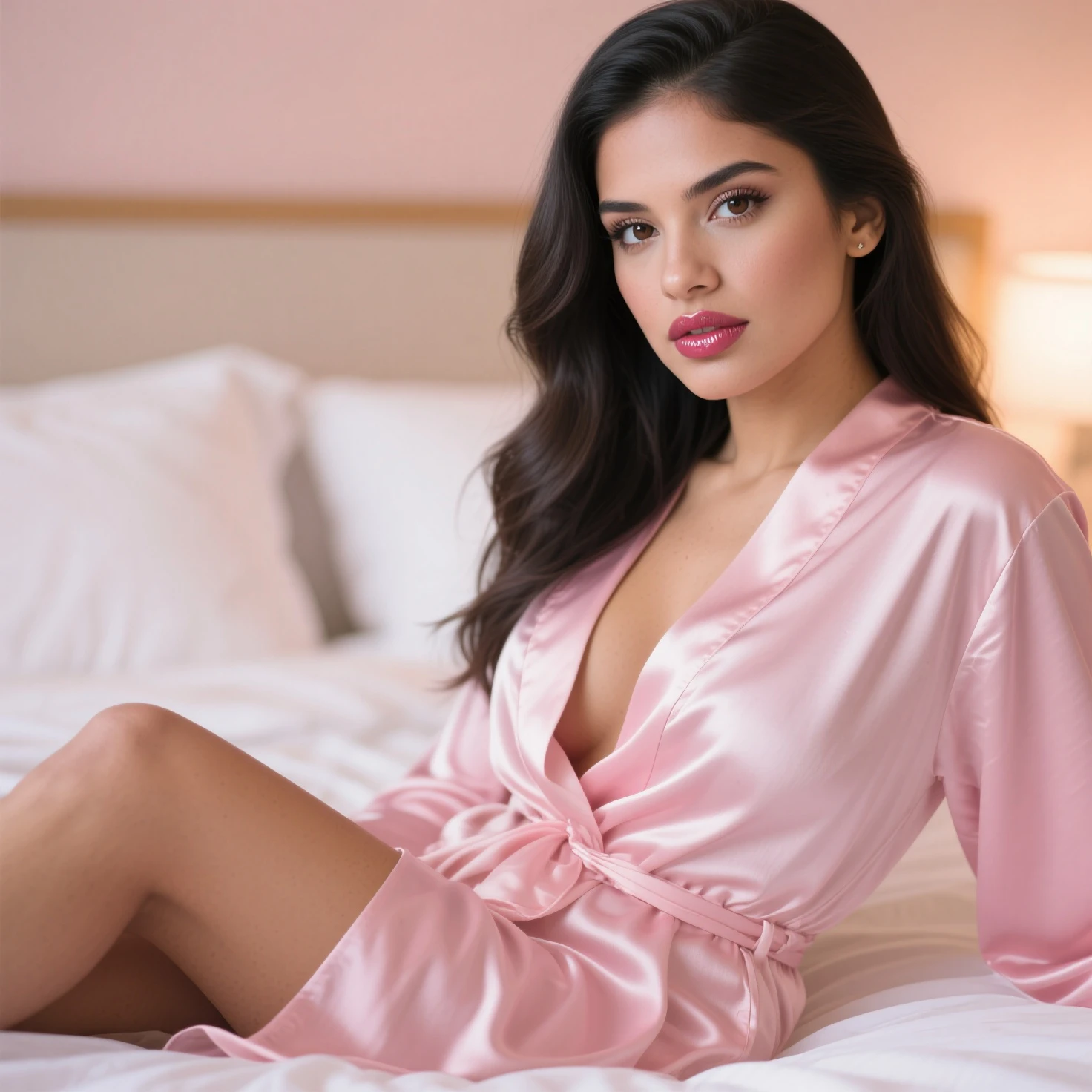 There is a woman sitting on a bed with her legs crossed, posando em um quarto, mulheres de 35 anos, sentado na cama, mulher posando, legs visible, sentado na beira da cama, uhd foto sincera de sujo, sentado de joelhos dobrados, sentado no quarto, bottom angle, extreme foreshortening, cute face with arms and legs