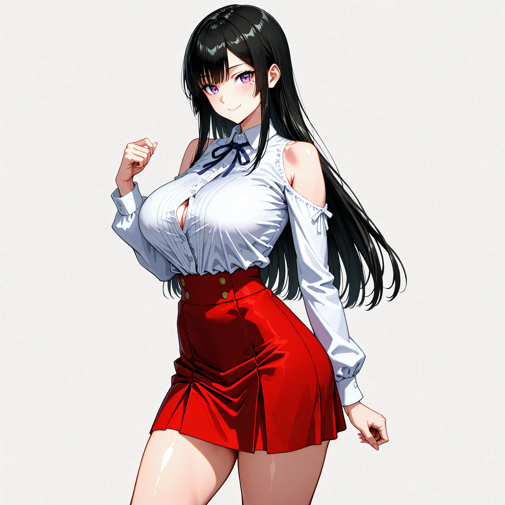 A tall sexy girl with long black hair and red eyes wears a white button-down shirt tied with a knot and shows her navel and her black leather miniskirt and puts on a red glove and smiles happily.
