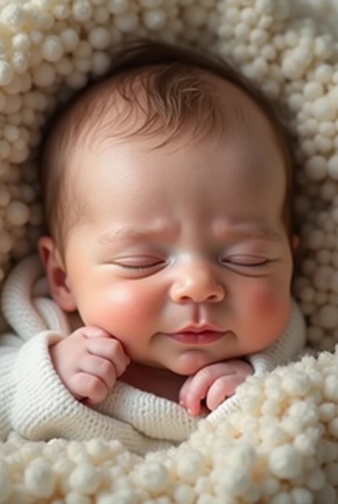 A proper and proportionate newborn nasal. Well-defined lips in cross-sections and coronas, mental region with normal dimensions and adequate mandibular ossification, apparently intact bony palate. Orbits with normal spherical shapes. The baby is a female and is lying in bed with eyes closed. Make the picture photorealistic