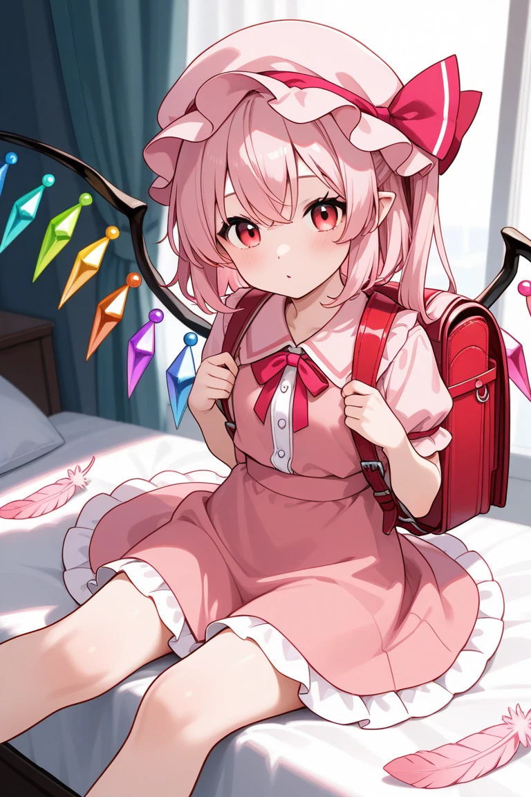 1girl,ankle_socks,bobby_socks,bow_(weapon),crossed_ankles,frilled_dress,frilled_legwear,frilled_skirt,frills,full_body,gohei,knees_up,legs,legs_together,legs_up,loose_socks,lower_body,no_shoes,red_dress,red_skirt,sitting,skirt,socks,solo,tabi,white_legwear,wings,flandre_scarlet
