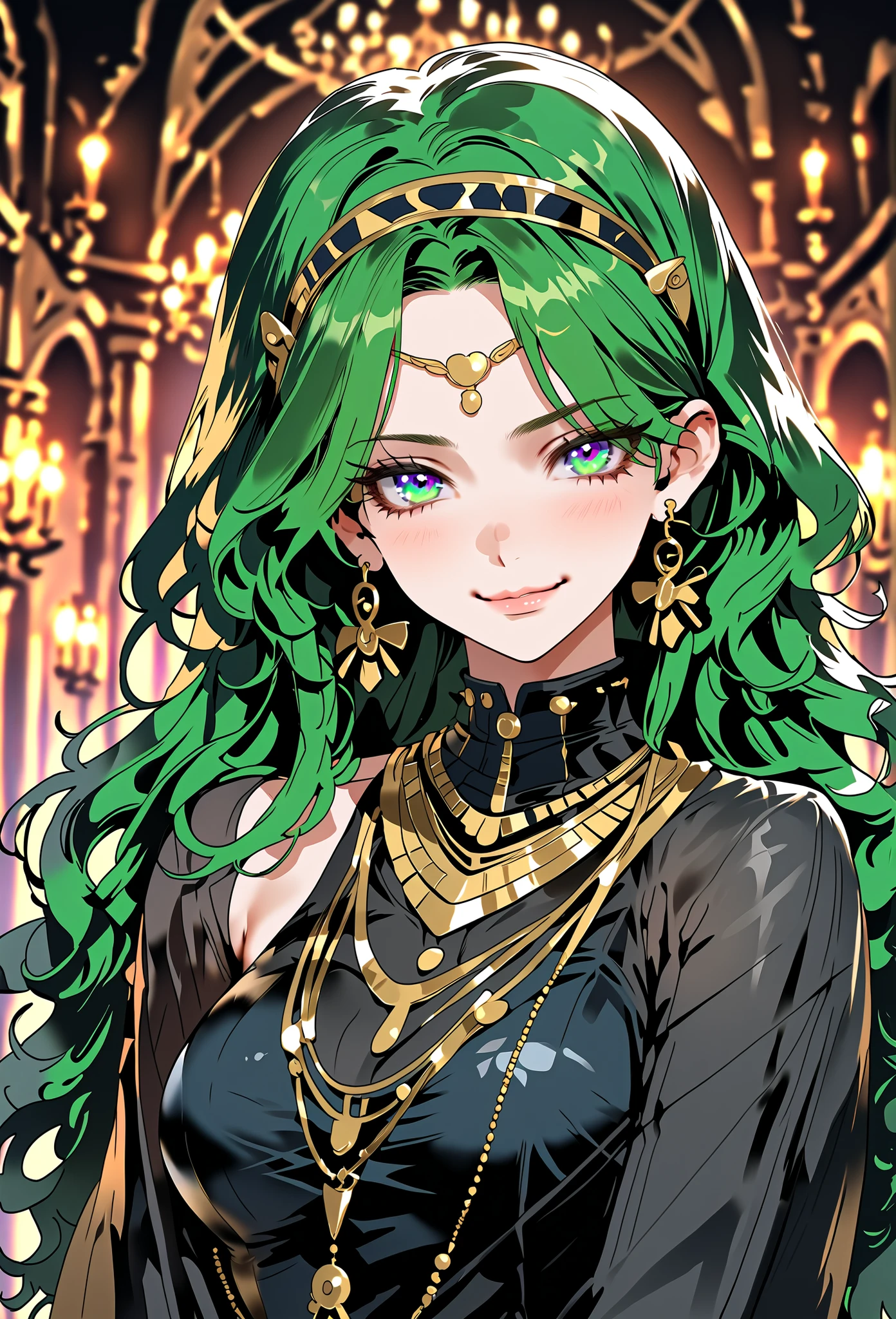 score_9, score_8_up, (masterpiece, top quality, best quality, official art, beautiful and aesthetic:1.2), (8k, best quality, masterpiece:1.2), (((masterpiece))), (((best quality))), (((extremely detailed))), illustration, (masterpiece, top quality, best quality, official art, beautiful and aesthetic:1.2), (8k, best quality, masterpiece:1.2), see-through, source_anime, 1girl, adult, ((green hair)), green hair, ((intimidant look)), ((close-up)), green eyes, black clothes, sexy, dark colors, brillant eyes, ((wavy hair)), perfect hands, ((intimidant look)), good anatomy, ((dark babylon clothes)), emotionless, intimidant, ((beautiful eyes)), close up, ((detailed eyes)), beautiful eyes, ((detailed face)), frontal look, smile, detailed face, diadema, full body