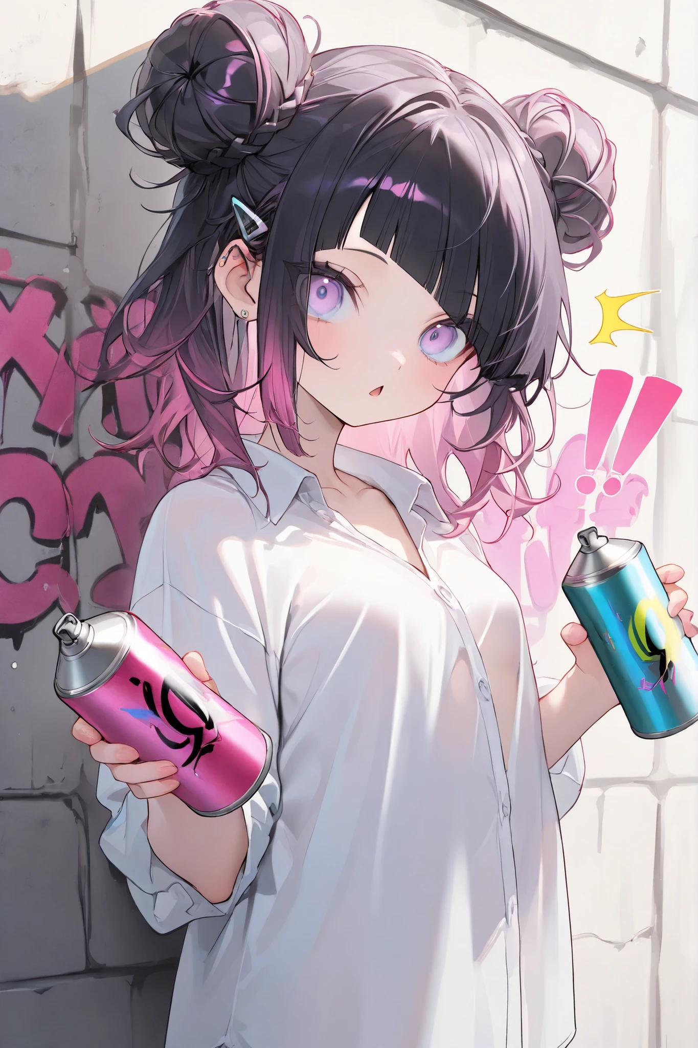 masterpiece, best quality, <lora:anmiXL_ANI31_lokr_V2233:0.95> 1girl, spray can, solo, black hair, hair between eyes, holding, streaked hair, crown, nail polish, bangs, chain, jacket, multicolored hair, mini crown, black jacket, long sleeves, open clothes, holding can, multicolored nails, open jacket, virtual youtuber, blue nails, puffy long sleeves, can, shirt, looking at viewer, upper body, tilted headwear, white shirt, halftone, puffy sleeves, fingernails, purple nails, facial mark, pink nails, pink hair