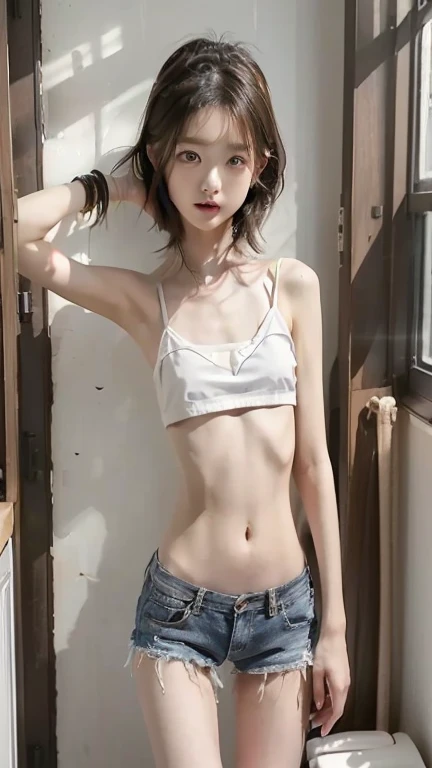 ((top-quality)) ((masuter piece))、intricate-detail、foco nítido、proffesional、Photorealsitic、Real life、surrealistic、photorealisim、Silhouette Light、finely detail、Highly detailed CG Unity 8K wallpapers、erfect artwork、shinny hair、radiant eyes、shinny skin、realisitic、Looking at the camera、Very delicate and cute、best qualtiy、Cute detailed girl、cute large eyes、Facial Lights、Cinematic lighting、Transparent material、realistic representation of face、（intricate detailes)、no-makeup、（Detailed beautiful delicate face、Detailed and beautiful delicate eyes and face）Detailed skin、Best ratio of four fingers and one thumb、Thin fashion、独奏、(Very young)、Facial Highlights、luxury room、Professional Writing、((Knee shot:1.4))、Beautiful navel、女の子1人、Very young face、innocent-looking face、(Looks under 10 years old)、Standing facing the front、Rat trail section、Inseam delta、Bare shoulders and elbows and arms、Chest flat、（(flat-chest: 1.4))、女の子1人、Back lighting、Many flowers、((non-blur))、((Ultra-small)) 、((Super skinny girl))、((Ultra-small ass:1.4))、((very thin thighs))、(Super young Japan transcendent beautiful girl)、small nostrils、Healthy face、Soft lips、pale cherry colored lips、(rather thin eyebrows: 1.4)、shiny large black eyes、(Medium black hair,:1.1)、(Beautiful girl with cute loli face:1.6)、big eye、(The corners of the mouth rise:1.4)、((Raise your hands to expose your beautiful armpits))、(1 thin and tight white camisole)、Very short spats of bright colors、lowrise、((1 thin and fairly tight spats:1.4))、Plump round face、(smile shy:1.8)、cheeks are reddened、Eyes for hollow details、Floating hair、large eyes that are symmetrical、Small protrusions、hair clips、No face makeup、夏天、The room is hot, So wear the bare minimum