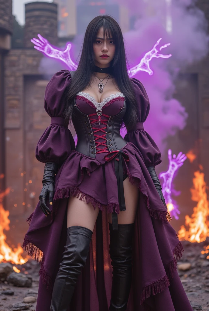 a beautiful young black woman with light skin, dressed as a vampire in a New Orleans cemetery at dusk during Mardi Gras, with bats flying around her, in a close-up full body pose showing her long white braided hair and high heel boots, wearing period clothing, dark fantasy art style, rich and deep colors, intricate details, HDR and hyper-detailing, natural skin textures, hyper-realistic, soft lighting, sharp focus
