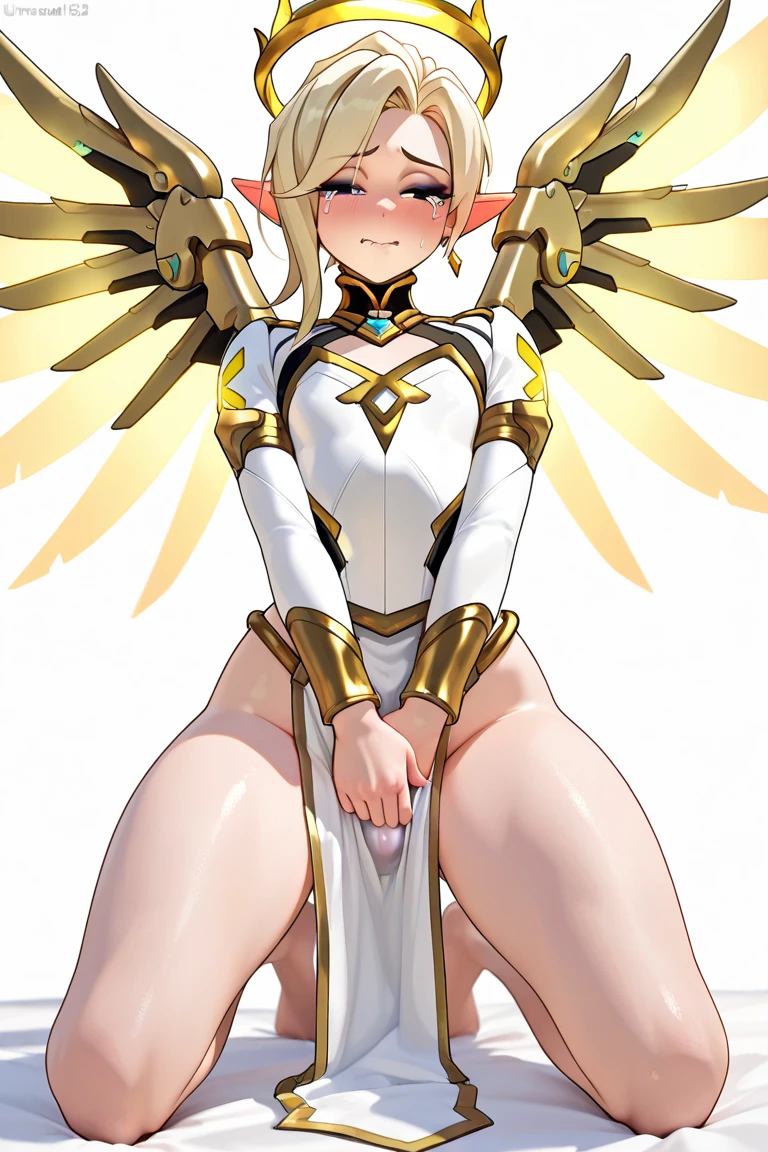 score_9_up, score_8_up, score_7_up, 1girl, solo, mature female, ((Angewomon)), (((long blonde hair, metal helmet))), angel wings, pink lips, parted lips, fit slim body,((perfect medium breast)), (((tight white suit with gold bra))), ((bedroom)), perfect model body, looking at the viewer, sitting on the bed with spread legs and masturbating her pussy, orgasming face