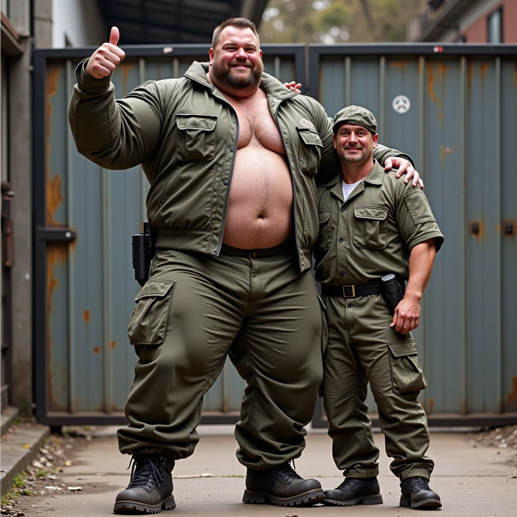 Two fat cavemen fixing a sports vehicle 