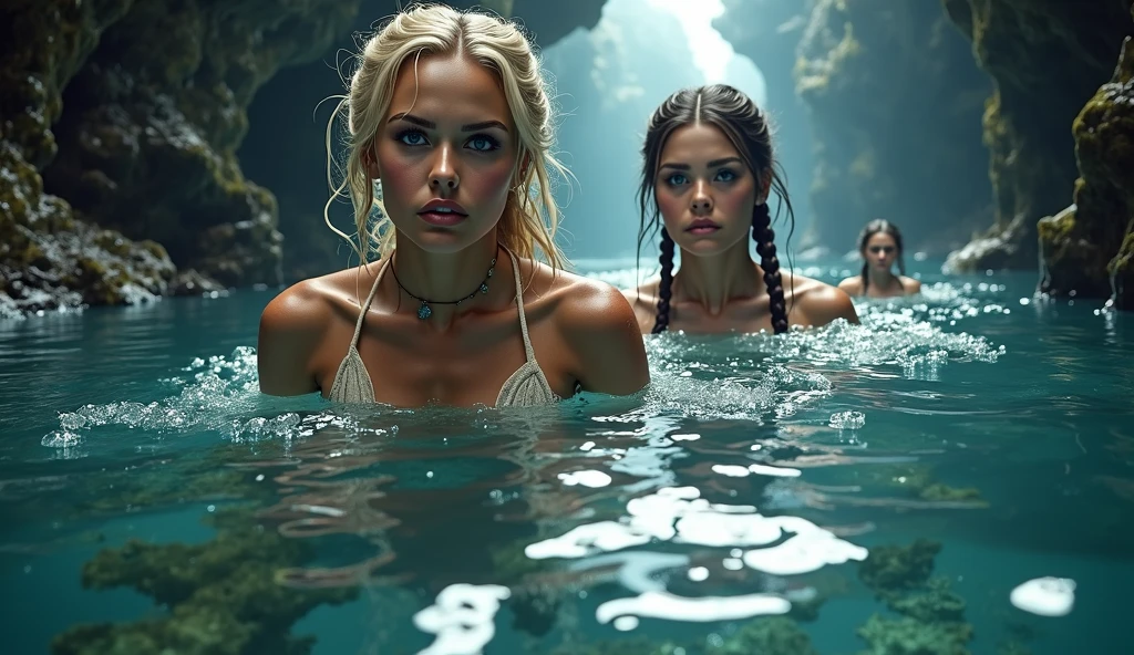 a young white man, a young white female, beautiful detailed eyes, beautiful detailed lips, floating hair, swimming, swimming underwater, underground cavern river, glowing vegetation, photorealistic, 8k, hyperrealistic, cinematic lighting, dramatic shadows, surreal, ethereal, dreamlike, fantasy, vibrant colors