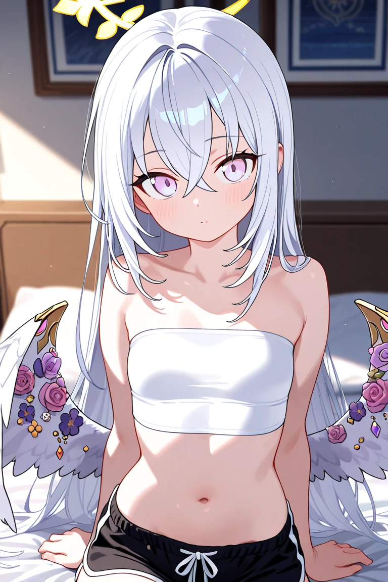 A girl {In towel},
//In toilet//, steam,Azusa pushed me against the wall and came closer and looked at me, blushing
,azusa-default, azusa \(blue archive\),purple eyes,white hair,long hair,wings,hair flower,