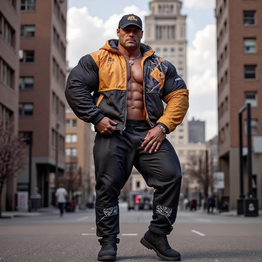 Chubby, black man, muscular, walking, underwear showing, big bulge in underwear, city street at sunset, realistic detailed face