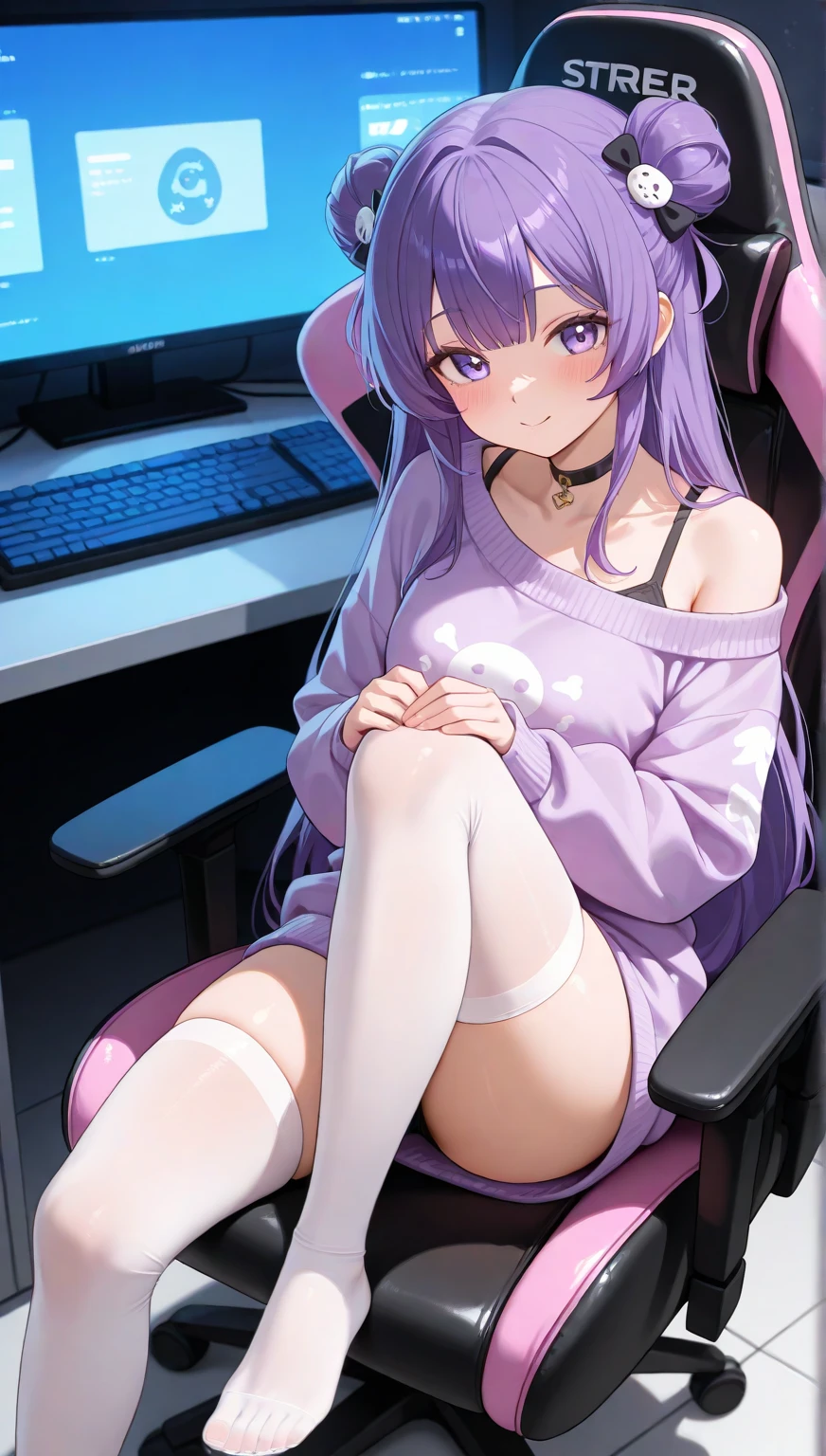 1girl (masterpiece, round_iris, extremely crisp crystalline shiny purple eyes, perfect_anatomy, extremely_captivating_hypnotic_mystic_eyes, ) perfect face, long pink hair, smiling evil, big breasts, completly naked, no clothes, gamer girl, gaming room, dynamic pose, best quality, 4k