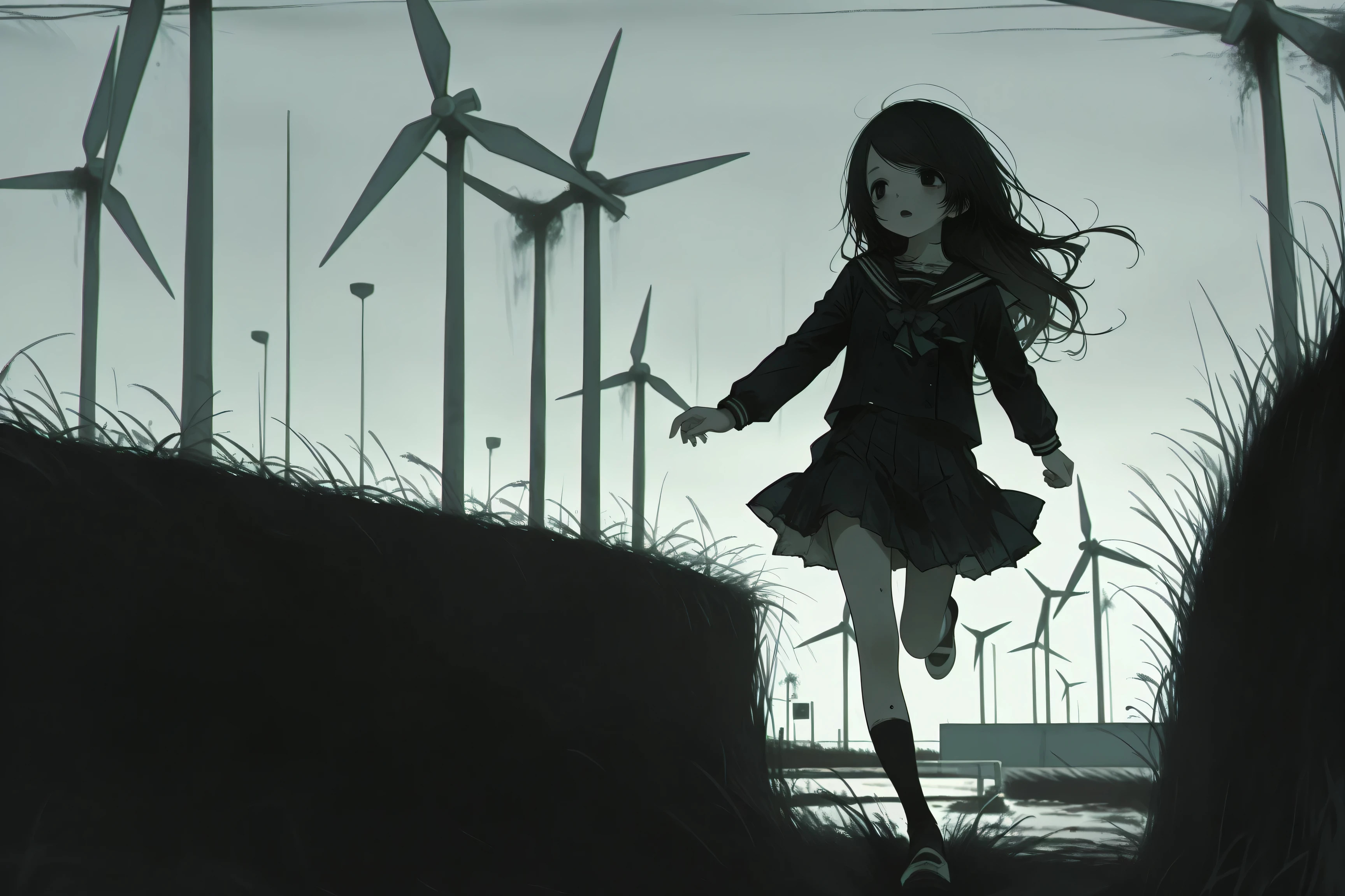 (solo, 1girl, black hair, black eyes, long hair, tareme, swept bangs, ),a290, school uniform, full body, horror, wind farm, running, open mouth, wind turbine, looking to the side