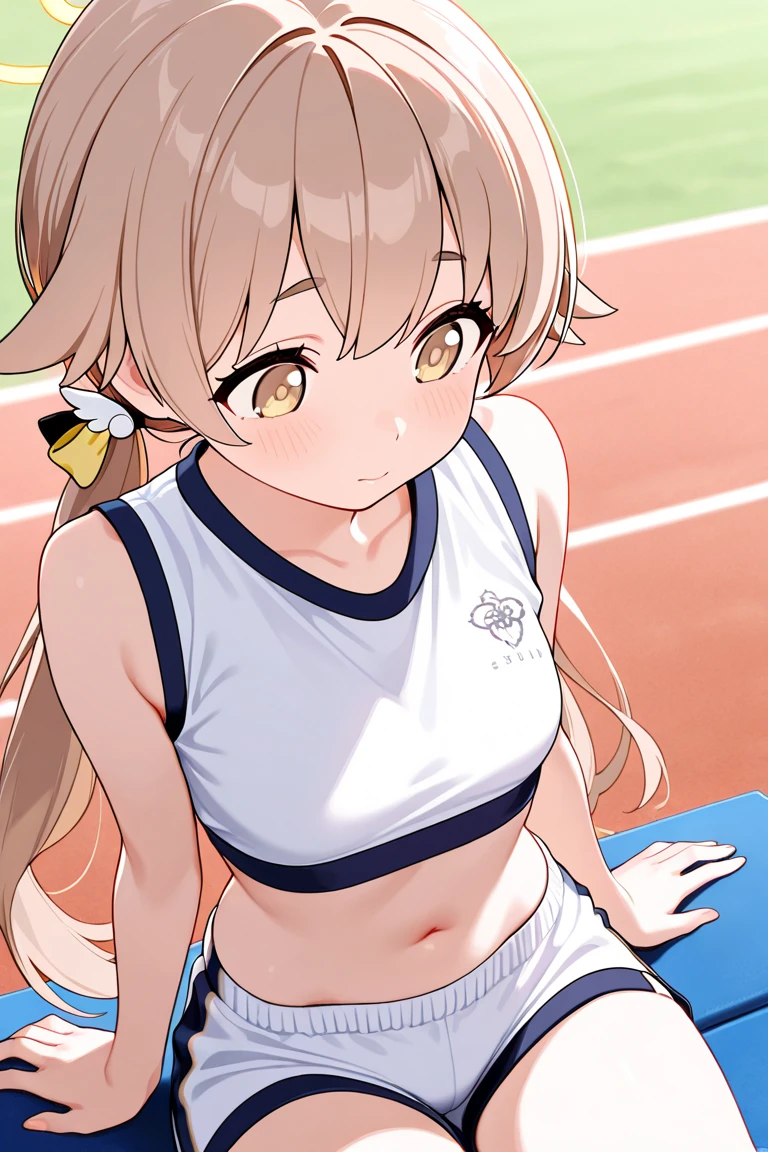 highest quality、elementary school bra、beige shorts、cool look、sexy pose in the room、armpit sweat、grass、??????? face((table top)), (1 girl:2.0), (highly detailed face, smile) , (slender physique), (japanese girl), ((Athletics Club Member, Long-distance runner)), Slightly round face,  cute, Big eyes