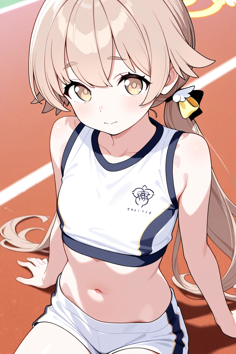 ((masterpiece:1.2, best quality)), 1Aldi, alone, (fitness clothes), platinum blonde, long hair, (top view, Front focus, look directly), (forehead), Jump, above waist, ponytail, big deal , us:1.1