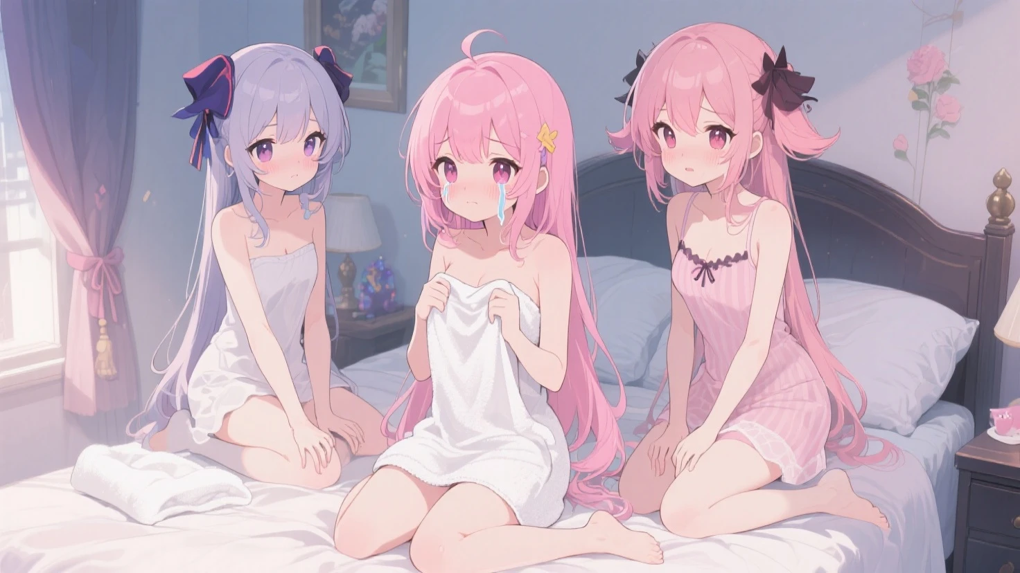 Full nude_Nude 　three_girls　teapot_hair_girl,pink_hair_girl,purple_hair_girl　daily　Chat　talk room