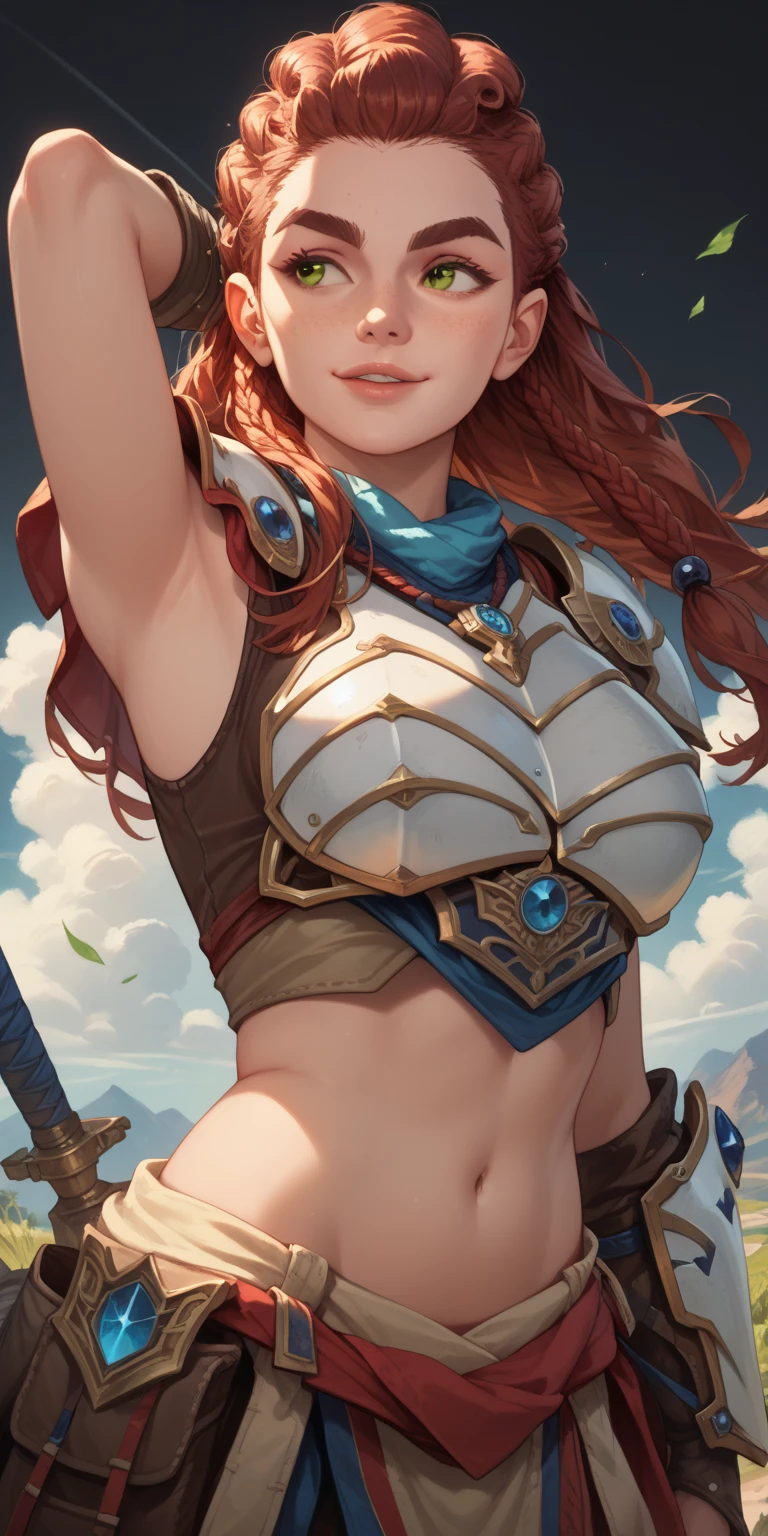 ((slim)) pirate sexywoman, thin waist, 18 years old, ((ornate ((steel)) breastplate armor)), big breasts. (((cleavage))), ((very long blue skirt)) with ((single slit on the side)), ((headband)), on a ship, ((cute face)), ((long straight flowing hairs)), ((Brown hairs)), sea, bare legs, detailled face, marterwork, serious eyes, intense detailled eyes