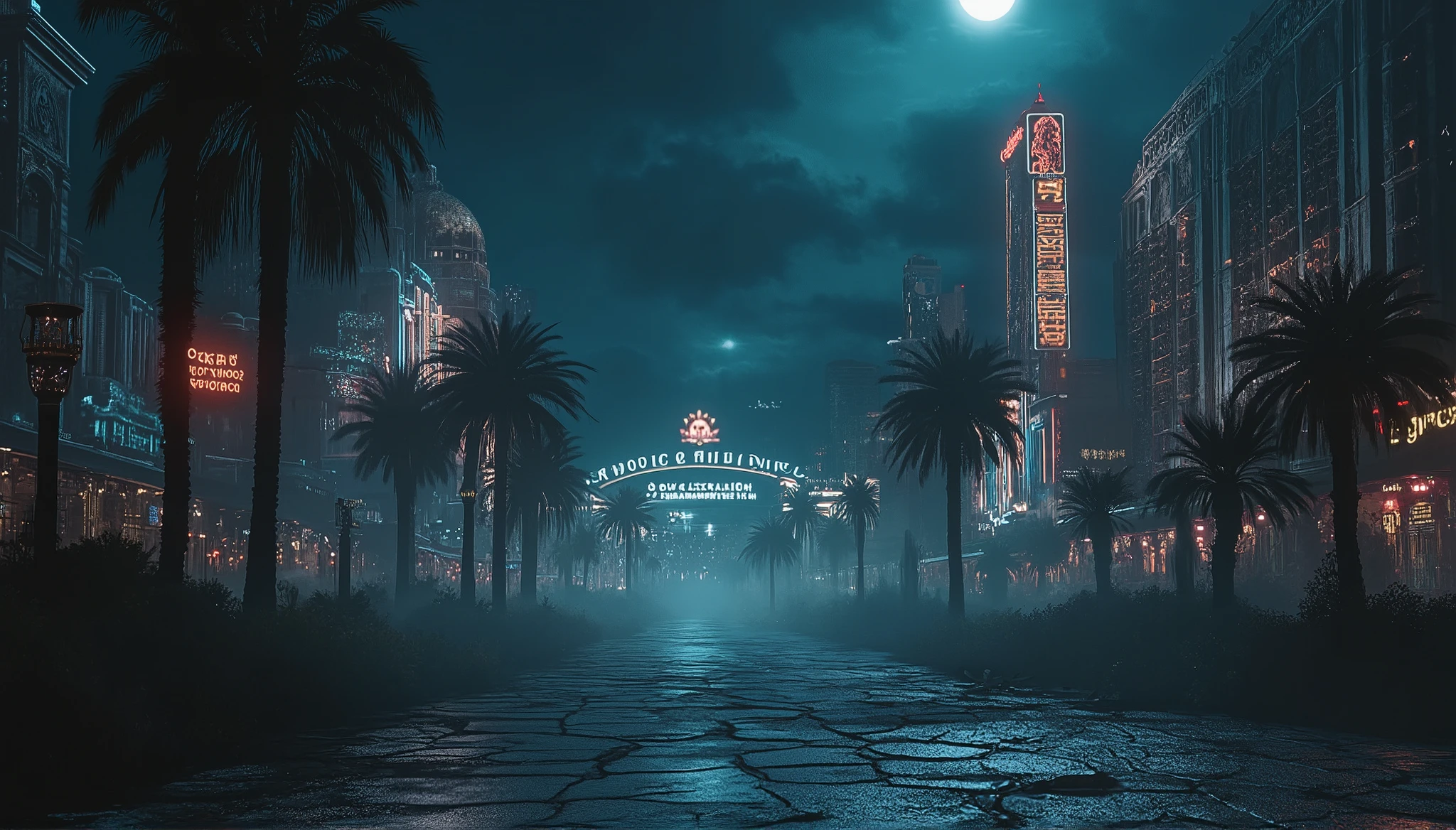 A famous Las Vegas landmark—such as the Bellagio, the Welcome to Fabulous Las Vegas sign, or the Strip—completely deserted at night. The scene is bathed in an eerie, pale moonlight. The neon signs are flickering or broken, casting strange shadows. Cracked pavement, overgrown weeds, and drifting fog add to the desolate feel. The once-lively casinos now appear haunted, with shattered windows and ghostly silhouettes barely visible inside. A chilling wind blows debris across the street. The atmosphere is haunting and suspenseful. Style: photorealistic, cinematic horror, high contrast, moody lighting.