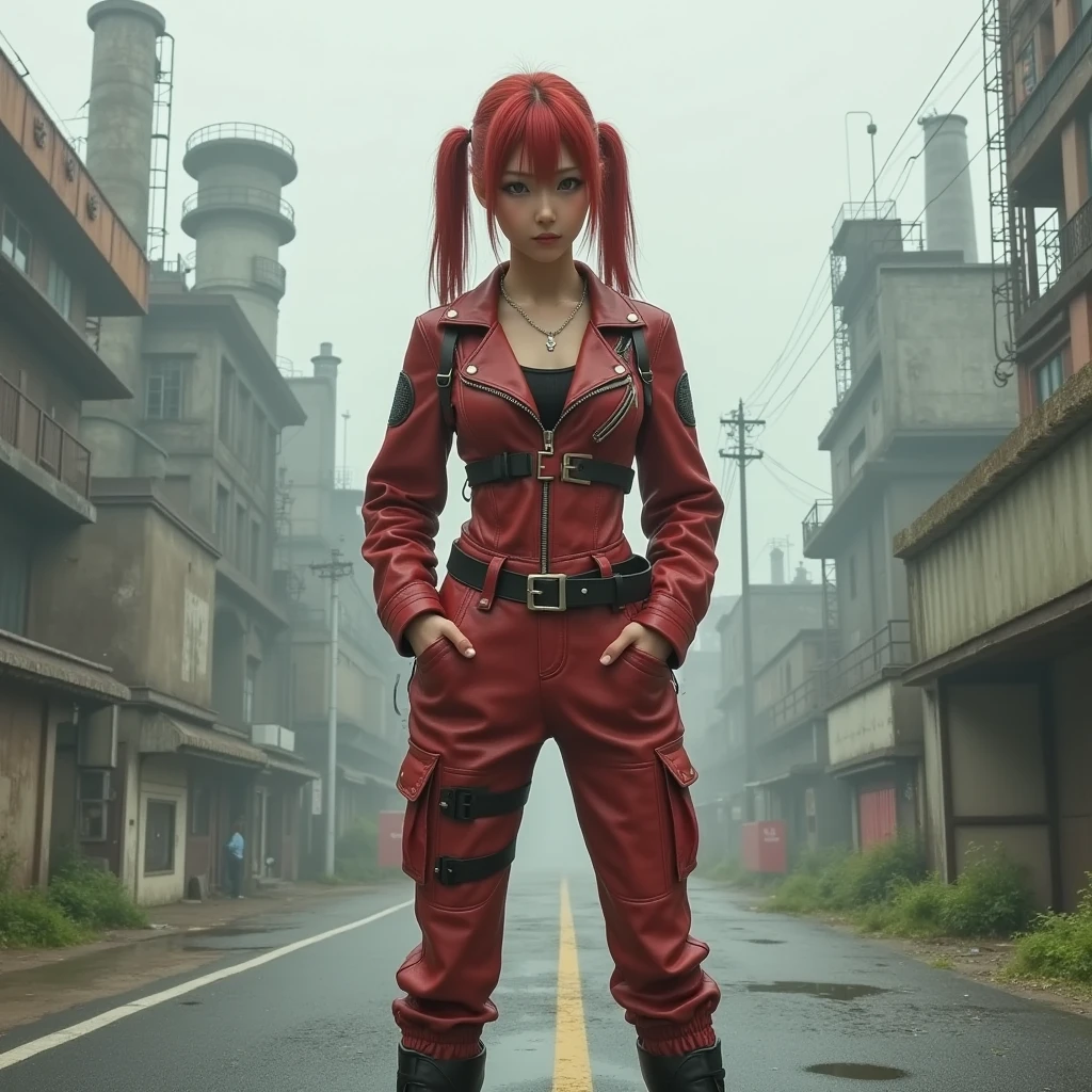 1girl, red survival suit, red hair, red eyes, dark alley, red graffiti, japanese led, fog, 8k, ambient occlussion, focus on subject