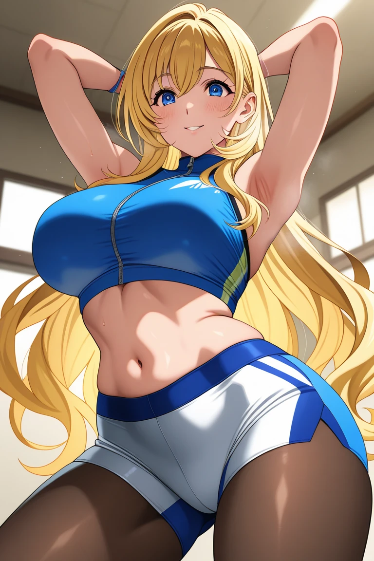 1 women, blond long hair, sit on a chair, arms tied upwards with chain, panic face, skinny belly, fit, a blue top, white leggins, cellar bacground, связанная веревками
