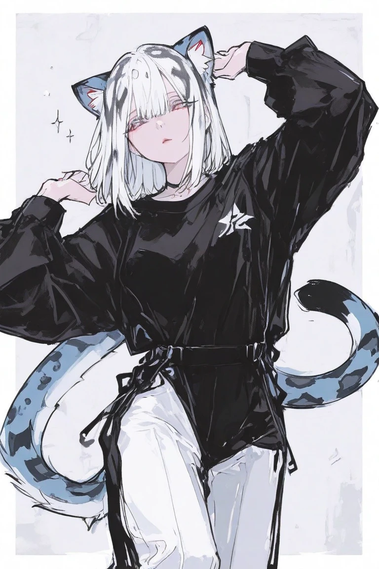A girl, displaying cartoon, pale white skin, black eyes, long white hair tied up, wearing a black shirt, white shorts, black shoes, with a flat facial expression.