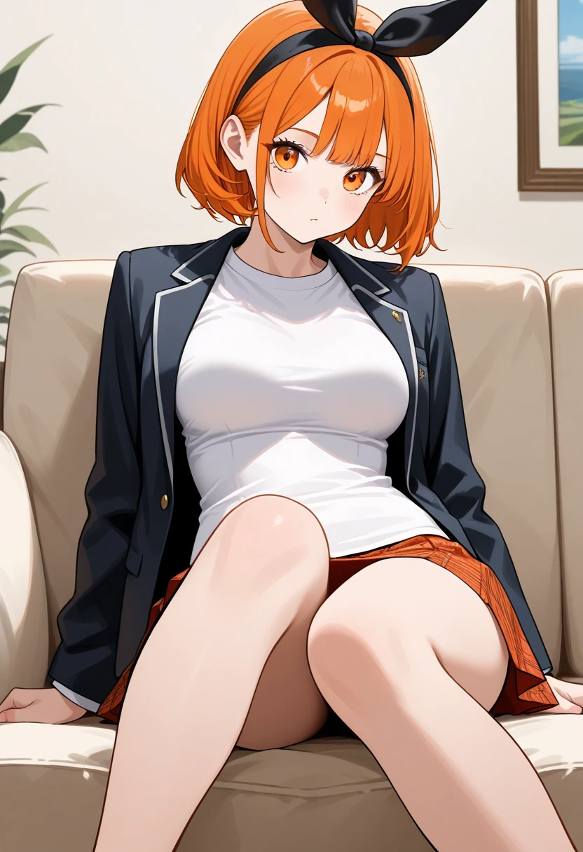 Nakano Yotsuba(The Bride of Fifths)、1girl, masterpiece、top-quality、NSFW, {{pissing}}、vagina, Orange pubic hair, {toilet room}、green hair bow, yellow sweater, black blazer, lowfers、A slight smil、