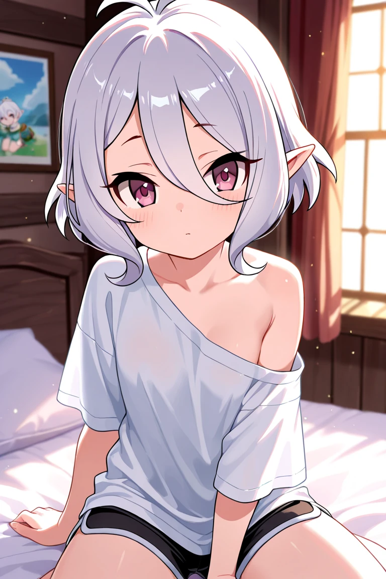 best quality, 4k, ((masterpiece)), extremely detailed, 8k, trending on ArtStation, Intricate, High Detail, Sharp focus, bed, night, fantasy, anime coloring, anime,
<lora:chara_IsekaiNonbiriNouka_Flora_v1:0.8>, sitting, (from front:1.2), slight smile, looking at the viewer, (small breasts:1.2), skindentation, 1girl, (solo:1.2),
flora, pointy ears, short hair, grey eyes, ahoge, hair between eyes, grey hair, hair bow, elf, white negligee, bare shoulders, bare elbows, bare hands, white sheets,