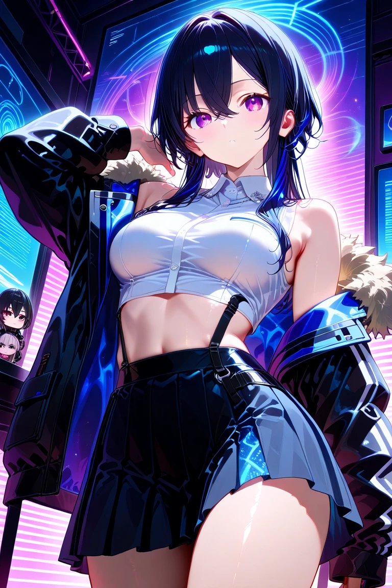 High qualityสุด、Highest picture quality、Masterpiece、Young woman too((a little cute、20 years old、best breastedium bust、Chest 85,beautiful blue eyes、The chest is wide open.,long black hair、Has a slender appearance、middle knot、Sports bra, black、white short skirt,Reflected all over.、black perforated gloves)）High quality、beautiful art、background with((Clubhouse、blue light、Multiple purple laser points、fitness club、nighttime、virtual)),table top、Exquisite design、visual arts、depth of field、best lighting、Maximum details、8ｋ