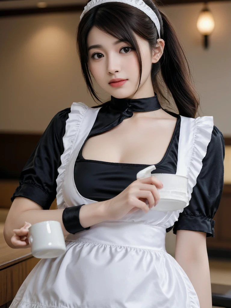 Close-up of a woman wearing a maid outfit, smile, laughter, pink and white maid costume, masterpiece, realistic, sharp focus, (realistic:1.3), ultra high res, 8k, RAW photo, best quality, detailed shadow, amazing, finely detail, sharp focus, (shine light on face:1), (Volumetric lighting:1.4), 1 girl, long hair, black hair, large breasts, heart-shaped face,Full lips,(maid:1.4), black pantyhose, loafers, standing, cafe, from below, looking at viewer