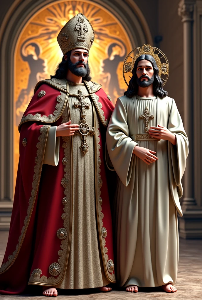 Create two majestic statues that embody the harmony between Marcus Aurelius, The Roman Emperor and Stoic Philosopher, e Jesus Cristo. The statues will be placed side by side, in a sacred and serene space.
The statue of Marcus Aurelius will be depicted as a Roman emperor in traditional robes, with a serene expression and a deep gaze that reflects his Stoic philosophy. In one hand, he holds a scroll of parchment with the words 'Meditations' on it., while the other hand rests on his sword, simbolizando a autoridade secular.
The statue of Jesus Christ will be portrayed with humility and simplicity, dressed in modest clothes and with a compassionate expression on her face. He holds a Bible in his hands, representando sua mensagem espiritual e o cristianismo.
Both statues are positioned in such a way that they appear to be in a respectful conversation, looking at each other with expressions of understanding and mutual respect. Ao fundo, There are elements that symbolize important concepts of both philosophies, as the symbol of the Christian fish and the image of an eagle, A symbol of Stoicism.
The statues emanate an aura of peace and spiritual enlightenment, and the soft light enhances its features. Elas representam a ideia de que, despite differences in their philosophies and cultures, Marcus Aurelius and Jesus Christ find common ground in the search for wisdom, understanding and humanity, Showing that Stoic philosophy and the Christian message can coexist in harmony, promovendo valores como virtude, Empathy and reflection.
