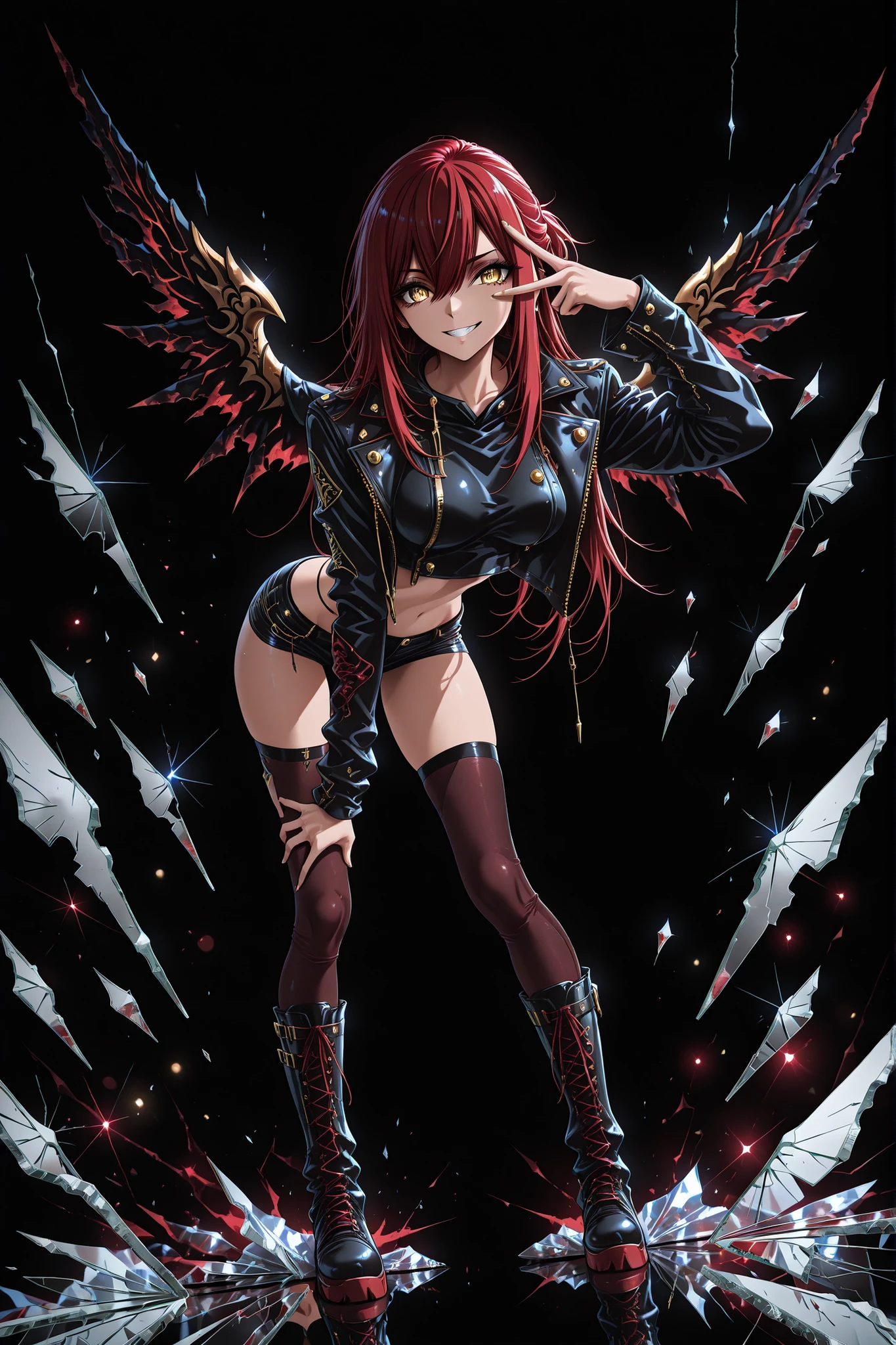 1 girl , golden eyes , very long hair , long sidelocks, red hair ,half updo, petite , very cute , beautiful ,Straight hair, cool, handsome, hair between eyes, sexy, medium breasts , Dark angel, black and red angel wings, bent forward, v , v over eye, one hand on thigh, crop top, punk jacket, open jacket, micro shorts, knee high boots, stockings, cheeky grin, broken glass,dynamic shot, dynamic view, (dynamic angle), (dynamic pose), (glass shards, reflection, broken glass), bokeh, glittering, sparkling, (((black background)))