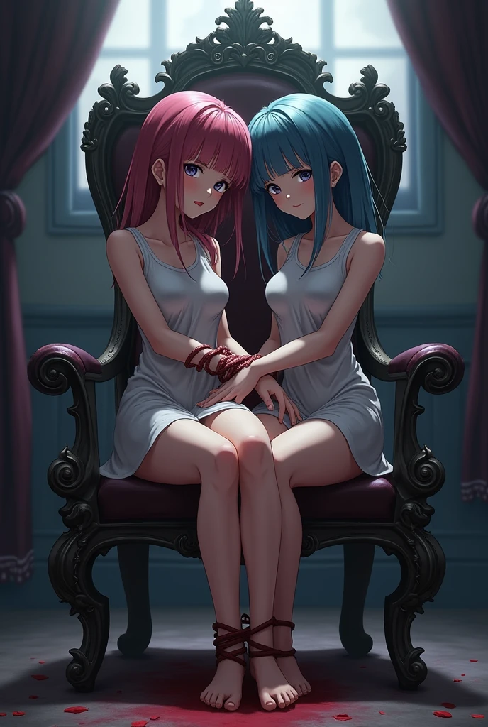 twogirls,In the cell,Bareleged,Forgot to wear shoes,Lateral face,navel,black hair color hair,with pink hair,the shy,Sit Pose,soles of feet,Bigchest