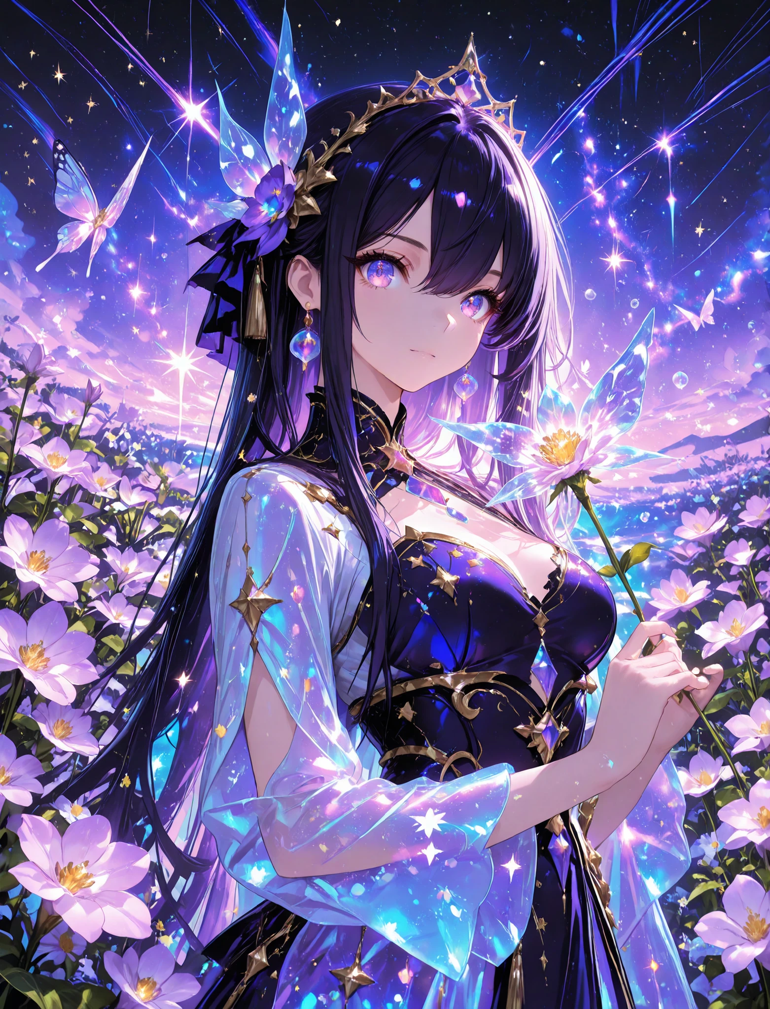 1 woman, sharp purple eyes , multicolored eyes , hair between eyes , long side bangs , black hair with fine purple strands , very long hair , medium breasts , cool, beautiful,
, floating in a sea of stars, long flowing hair shimmering like moonlight, glowing galaxy eyes, wearing an ethereal translucent kimono made of constellations and nebula dust, surrounded by magical butterflies of light, soft ambient glow, bioluminescent particles, star trails swirling around her, peaceful expression, cinematic lighting, dreamy color palette, ultra-detailed face and hair, masterpiece, 8k, artstation, beautiful face, beautiful eyes, beautiful hair, best quality, look at viewers, (floral tiara), ((blooming flowers)), ultra detailed, perfect light, , purple world, misty, bubble, fantasy, transparent jewel, transparent crystal, light, glow, shine, shining, holding flower, dynamic pose, dynamic shot