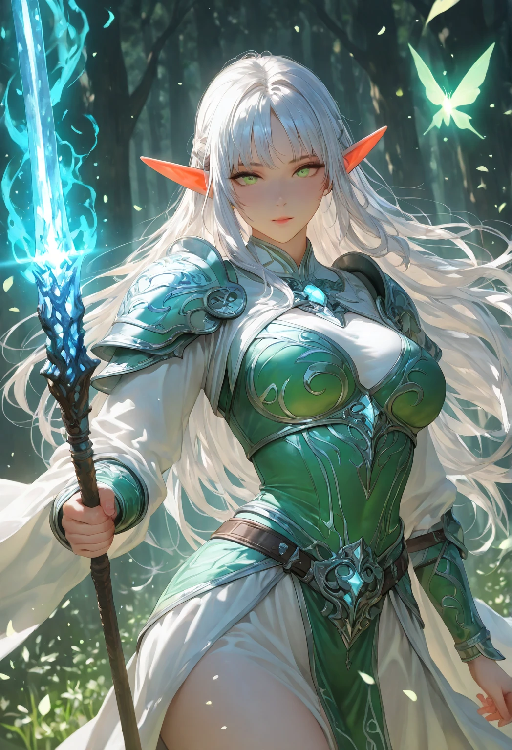 A young, adventurous female elf warrior standing in a mystical forest. She has long, flowing silver hair and piercing green eyes. Her armor is made of intricately designed silver and green metals, adorned with emeralds. She holds a glowing, ancient staff in her right hand and a small, enchanted shield in her left. The forest is dense with ancient trees, bioluminescent plants, and soft mist swirling around her feet. The mood is magical and mysterious, realistic, 4k, beautiful big eyes