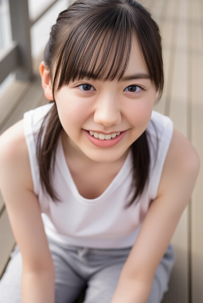 hight resolution、high-level image quality、in 8K、Real live-action、Raw photography、top-quality、​masterpiece、超A high resolution、Raw photo、ren、Beautiful fece、masutepiece、
((((Japan elementary school students))))、Japan Girl、((8years old))、((with round face))、((Tanuki face))、((Cute little face))、(((((Shy laughter)))))、(((((8years old)))))、(((a junior idol in Japan)))、
de pele branca、((chubby figure))、Juvenile physique、Smaller chest、kne、 thighs thighs thighs thighs、独奏、fullllbody、Very nice、
（Photorealsitic：1.37）、Photon mapping、Realistic、Radio City、Physically Based Rendering、depth of field rally background、a picture、Sparkling eyes、shiny lip、too bright natural light、The Bright Sun、Too bright sunlight、Only one person,
((Obscene content))、For adults、charm of 、absurderes、
(((white tank tops)))、White tank top、Sleeveless、
((Pink Panthes,Underwear))、
Short hairstyles、Short-cut hair、
Open your legs、Open your crotch、Show off、(The background is the gymnasium)