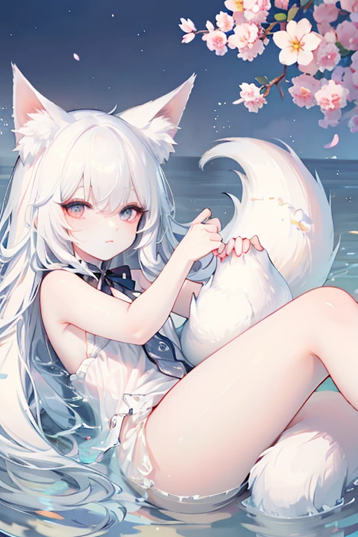 Pure fox-eared girl（Cheerful）Skin is hydrated（Highlights the voluptuousness of thighs）There are decorations on the legs。 Cloth shoes on their feet。white flower。Ocean。Action settings：Turn around。