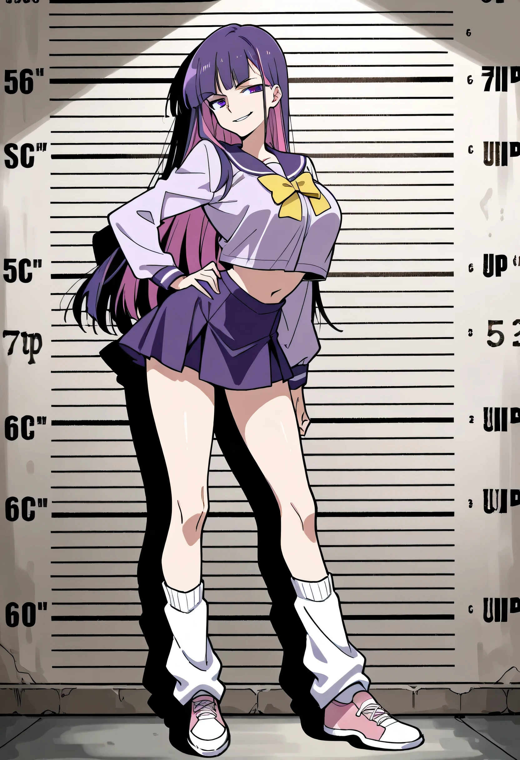 score_9, score_8_up, score_7_up, 1girl, mature, solo, smirk, long hair, bangs , straight hair, purple hair , pink highlights inner , purple eyes, purple sailor school uniform, navel , short skirt, long legs , big breast , arched back , hand on hip , loose socks, casual stance , shoes , mugshot room background , full body,
v3r1d1an,
