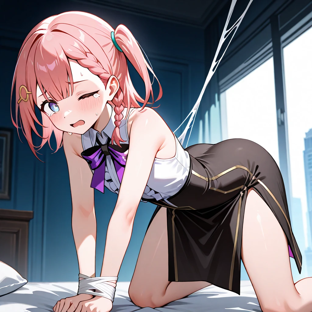 BREAK Perfect Anatomy、Highest quality、(High resolution:1.2)、Unbelievably absurd:1.3、Incredible illustrations、(Cute illustrations:1.2)、nsfw,(Beautiful background、on the bus)、1gial(Pink hair、Wavy Hair、fucked silly、((child,a girl, dwarf, height 1.3meters, 30kg,,10-year-old,)(school uniform,White Silk Sexy Lingerie、garter belt)(kneeling、deepthroat)(shackles,restrained、chain、)(dutch angle)