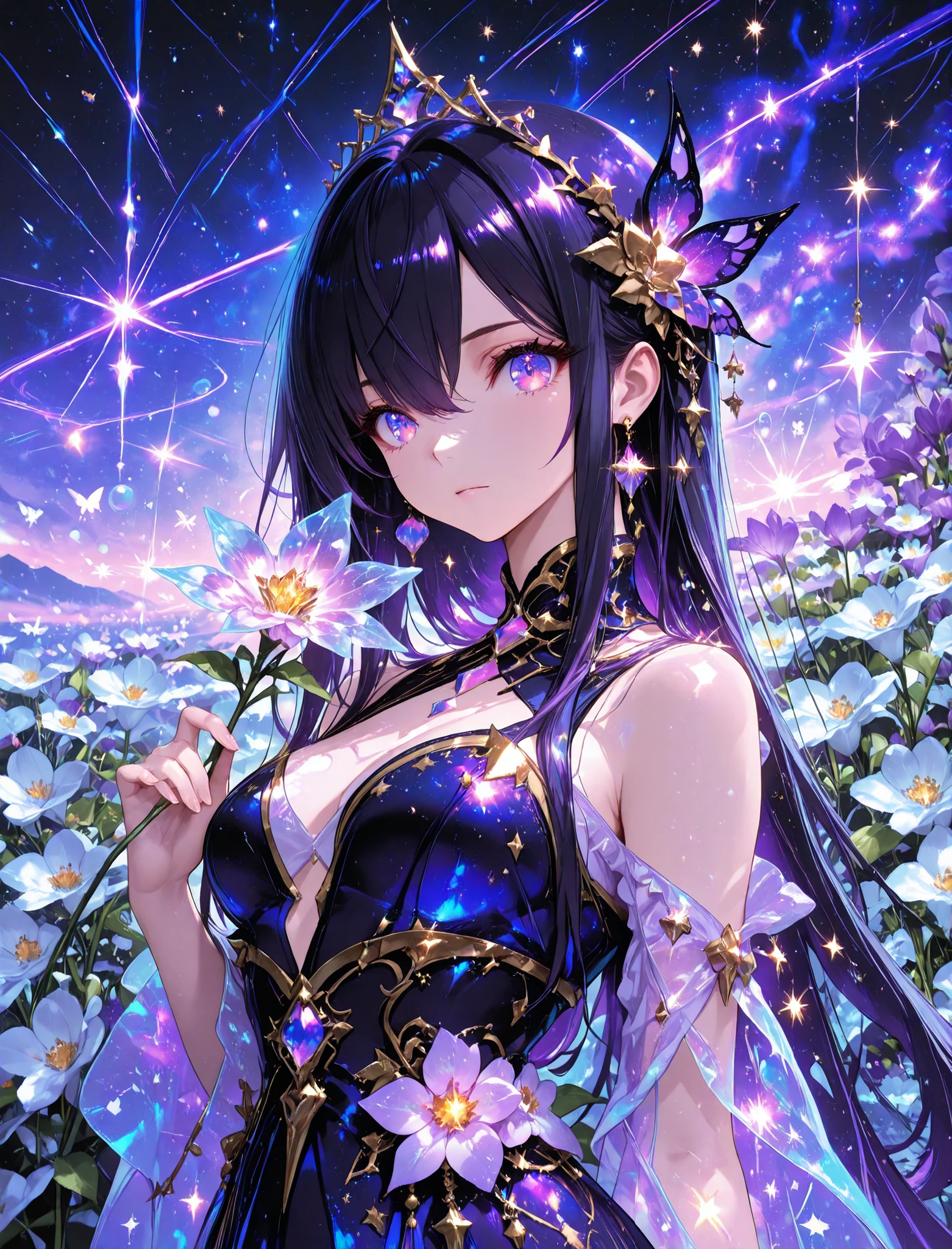 1 woman, sharp purple eyes , multicolored eyes , hair between eyes , long side bangs , black hair with fine purple strands , very long hair , medium breasts , cool, beautiful,
, floating in a sea of stars, long flowing hair shimmering like moonlight, glowing galaxy eyes, wearing an ethereal translucent kimono made of constellations and nebula dust, surrounded by magical butterflies of light, soft ambient glow, bioluminescent particles, star trails swirling around her, peaceful expression, cinematic lighting, dreamy color palette, ultra-detailed face and hair, masterpiece, 8k, artstation, beautiful face, beautiful eyes, beautiful hair, best quality, look at viewers, (floral tiara), ((blooming flowers)), ultra detailed, perfect light, , purple world, misty, bubble, fantasy, transparent jewel, transparent crystal, light, glow, shine, shining, holding flower, dynamic pose, dynamic shot