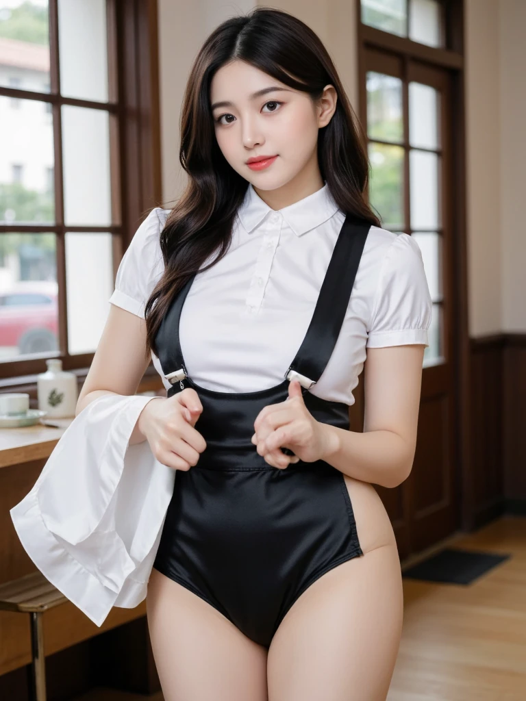 2 girls standing in school yard,long-sleeved and seemless and one-piece white jumpsuit style unitard with long compression shorts and long leggings,red bow tie,hair bow,18-year-old,bangs,a little smiles,thighs,crotch,knees,short cut hair,ponytail,from below