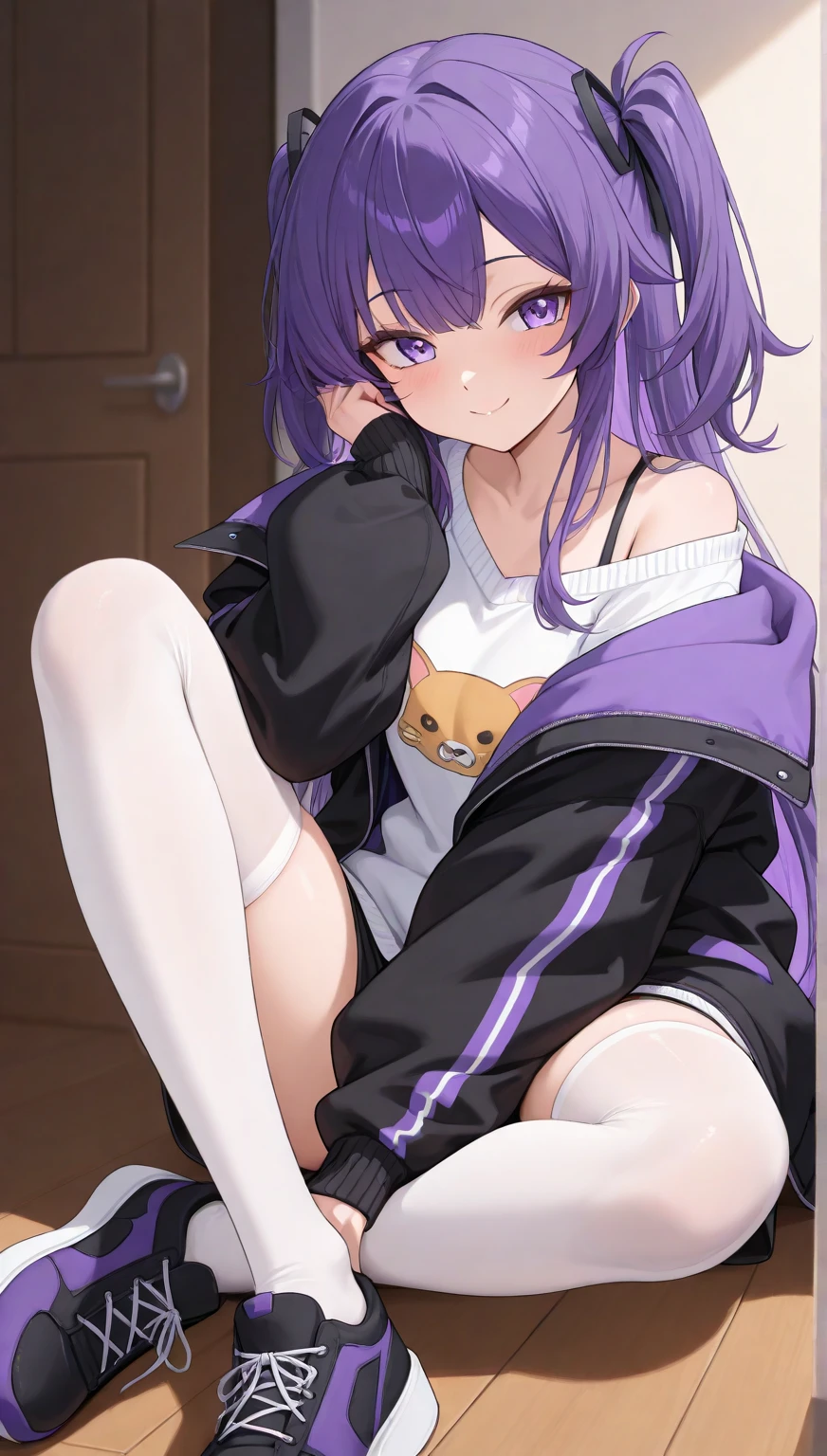 (masterpiece, best quality:1.2), illustration, absurdres, highres, extremely detailed, perfect face, 1boy, male focus, (adult male:1.2), sitting on bed, purple hair, short hair, messy hair, purple eyes, blue off the shoulder sweater, black sport shorts, bulge, black thigh highs, dog collar, flat chest, thick thighs, tall, smiling, looking at viewer, dog ears, dog tail, femboy, otoko no ko,