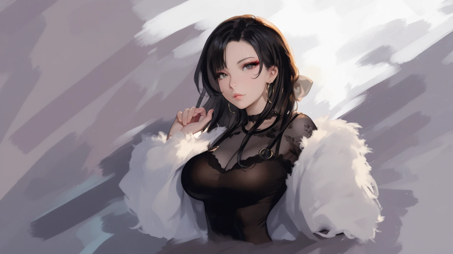 Woman,She looks like a mature woman, (masterpiece), narrow eyes. best quality, expressive eyes, perfect face, black long hair, hair over eye, hair over eye, red eyes, red eyes, fox black ears, 1 fox black tail, She is dressed in black evening dress, big chest black fox ears , black hair, black hair, muscular medium abs on the abdomen. black tattoo on the neck, gold chains on the sides, gold chains around the neck. (there are no human ears, they are covered with hair.)