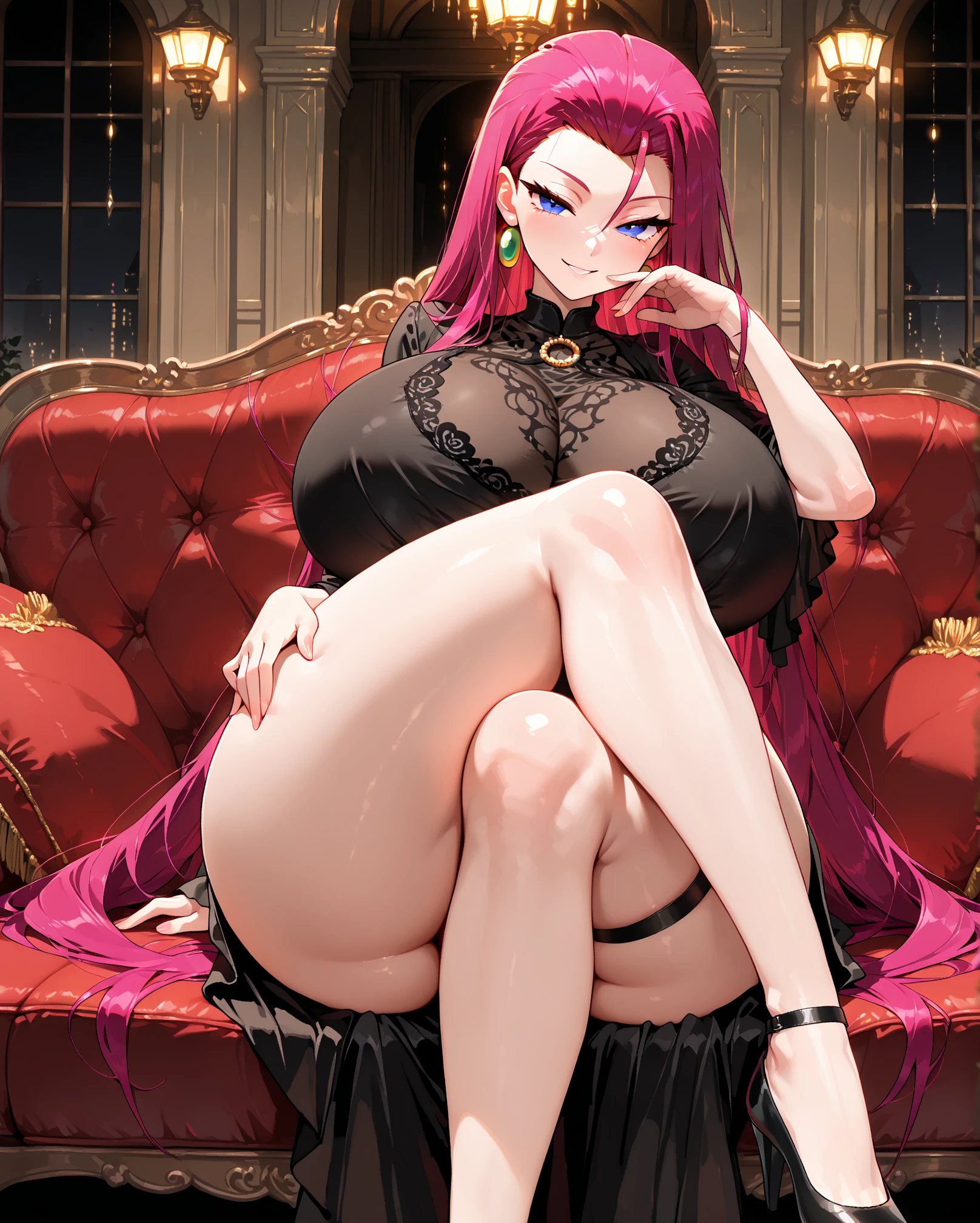40 year old woman with pink hair on top, purple hair on bottom, long curly hair, green eyes, gold earrings, black dress, black ribbon around neck.
