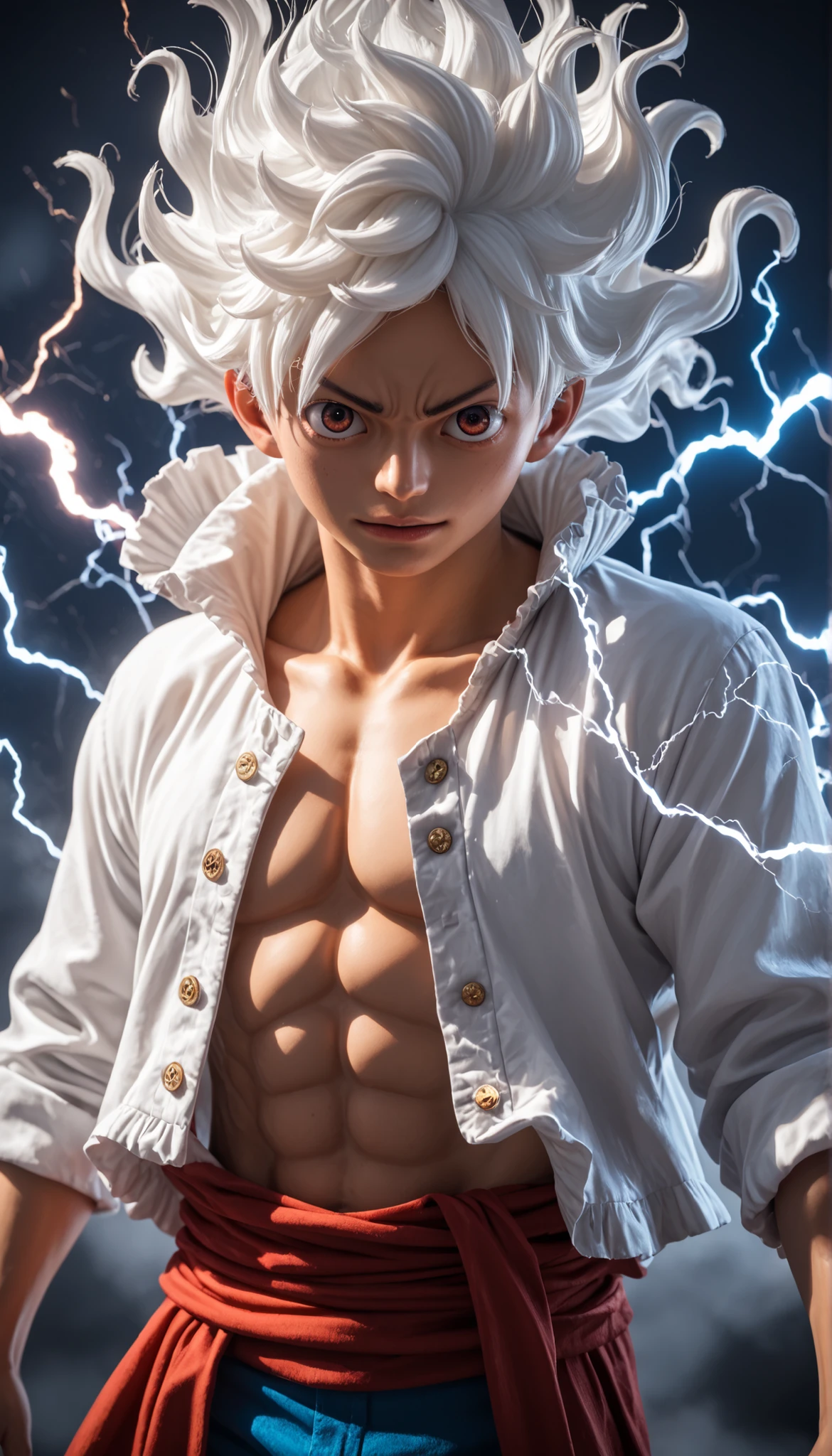 Monkey D. Luffy in Gear 5 form, 3D anime-realistic style, dynamic lightning effects, white flowing hair, intense facial expression, glowing aura, high detail, cinematic background, dramatic lighting, full power effect.