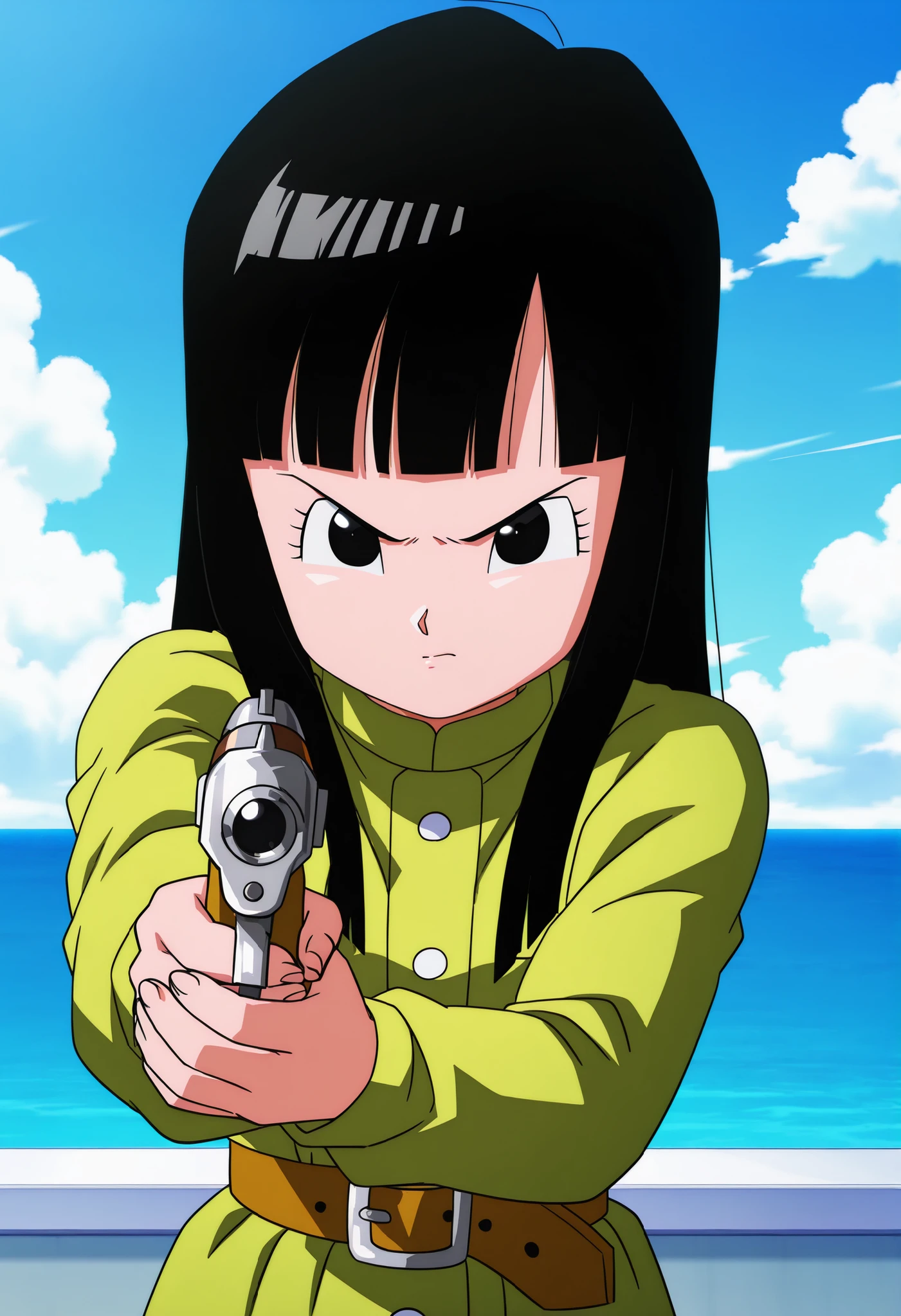 anime screencap, absurdres, high quality, official style,
mai \(dragon ball\), chibi, official style, 1girl, solo, bangs, long hair, eyelashes, black eyes, closed mouth, black hair, green dress, long sleeves, angry, upper body, outdoors, blue sky, ocean, cloud, v-shaped eyebrows, looking at viewer, holding handgun, aiming at viewer